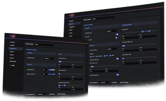 Hexui cloud configuration editor showing Aimbot and Triggerbot settings